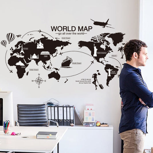 Black World Map Wall Sticker Bedroom Office Artistic