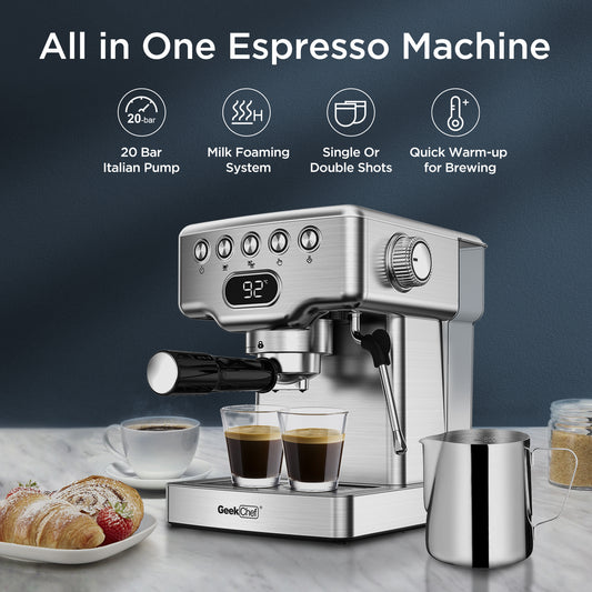 20-Bar Stainless Steel Espresso Machine – Built-In Milk Frother & 1.8L Water Tank