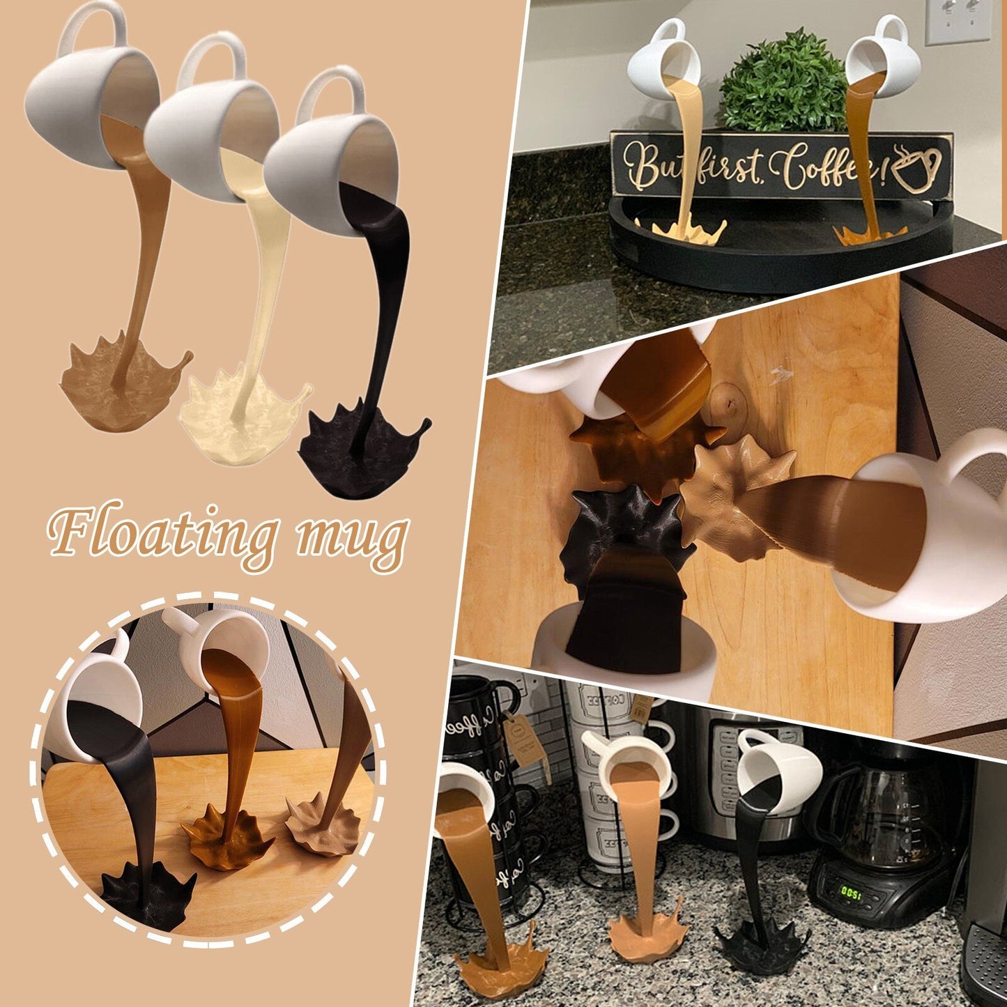 Floating Coffee Cup Mug Sculpture Kitchen Decor