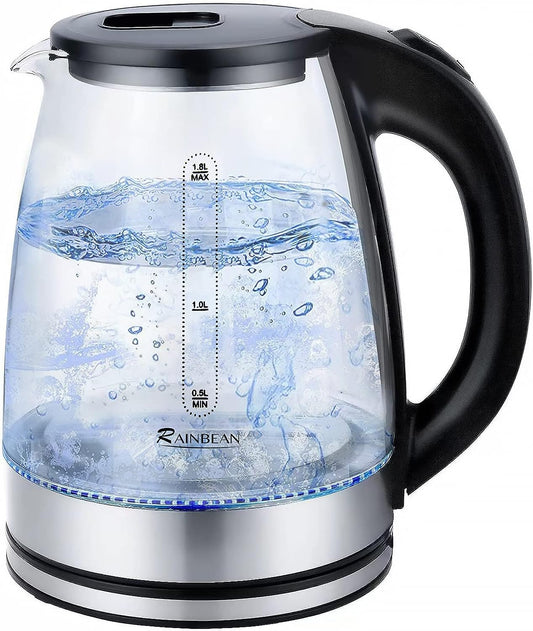 Electric Glass Kettle 1.8L – Wide Opening Water Boiler with LED Light & Safety Protection